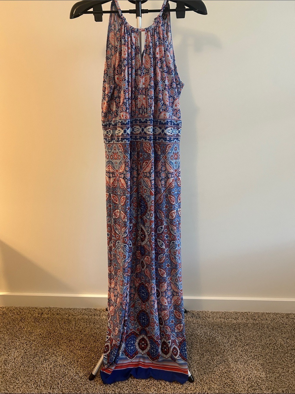 Printed Halter Maxi Dress in Blue and Coral
